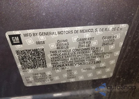 2019 Chevrolet Equinox Lt из США, поврежденный, VIN 3GNAXUEV5KS517180